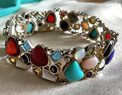 Sterling Silver 925 Multi Gemstone Link Bracelet By Thailand Designer LT • $79