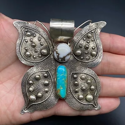 Vintage Tawney Craig Butterfly Turquoise White Buffalo Sterling Silver Pendant • $725