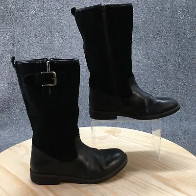 Zara Girls Boots Youth 35 Two Side Zip Mid Calf Black Leather Comfort Round Toe • $24.99