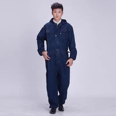 Adult Denim Coveralls Jumpsuit Overalls Mechanic Workwear Hooded Protective Pant • $57.51