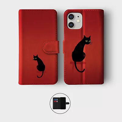 Case For Iphone 15 14 13 12 11 Se Pro  Wallet Flip Phone Cover Black Cute Kitty • £8.99