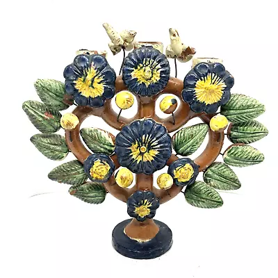 Vintage Mexican Folk Art Pottery Tree Of Life Candelabra 3 Candle Holder Birds • $125