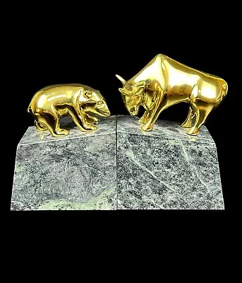 Vintage Wall Street Bear Bull Brass Bookends Stock Market Green Marble Heavy • $43.44