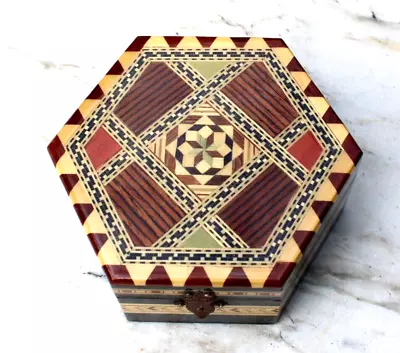 Vintage Hexagon Marquetry Lacquered Mosaic Wood Inlay Jewelry Box  • $24.99