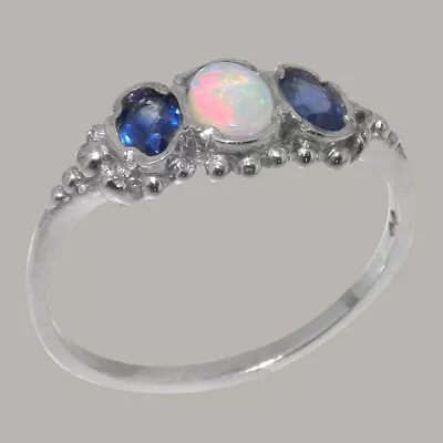 Solid 925 Sterling Silver Real Opal & Sapphire Ladies 3 Stone Ring -Sizes J To Z • £119