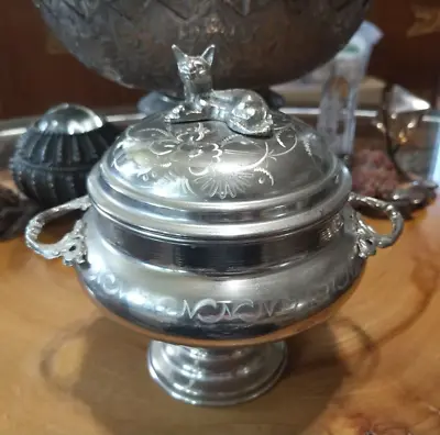 Vintage Silver Toned Etched Metal Footed Candy Dish With Cat Handle • $19.99