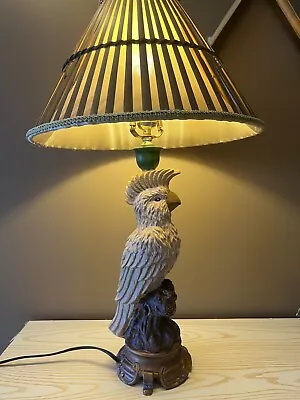 Bird Parrot Cockatoo Lamp Bamboo Shade Vintage Looking. Excellent Condition. • $79