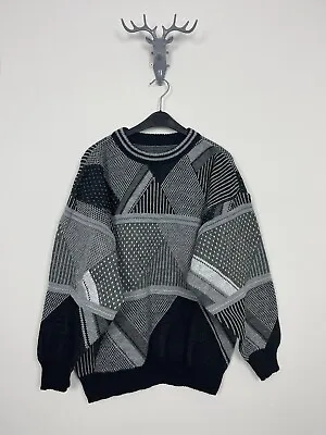 Vintage 90s Knit Jumper Abstract Pattern Geometric Mens Winter Cosby Pullover • £19.99