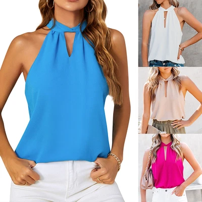 £10.99 • Buy Womens Sleeveless Halter Neck Tank Tops Ladies Summer Solid Color Vest Blouse