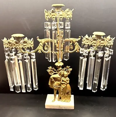 Antique Victorian Figural 3 Arm Brass Girandole Candelabra Crystal Prisms 18  • $250