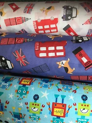100% Cotton Poplin Craft  Fabric By Metre113cm(44”)dogs Bus And Robots Print! • £6.50