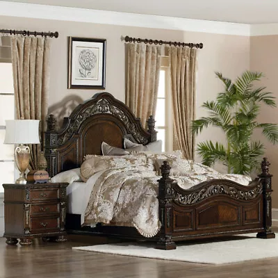 Old World Espresso Queen King Cherry Brown Poster Bed Bedroom Furniture Set • $1499.99