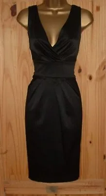 Black Satin Pencil Wiggle Galaxy Pleated Smart Evening Cocktail Dress Size 22 • £26