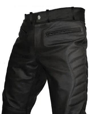 Mens Bikers Style Pants In Black Real Leather Motorcycle Jeans Quilted Trousers • $104.99