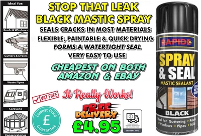 £4.95 • Buy Stop That Leak Black Spray Mastic Guttering Roof Sealer Piping Fill & Stop Leaks