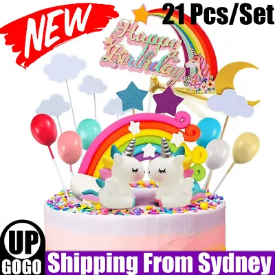 $13.45 • Buy 21Pcs/Set Unicorn Cake Topper Kit Cloud Rainbow Happy Birthday Banner Decoration