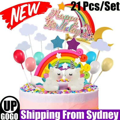 $12.92 • Buy 21Pcs/Set Unicorn Cake Topper Kit Cloud Rainbow Happy Birthday Banner Decoration
