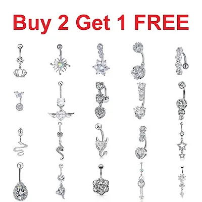 Belly Button Ring Bars Crystal Navel Piercing Body Jewellery Barbell Silver Gems • £2.99