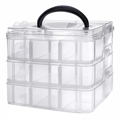 Adjustable 3-Tier Storage Box Stackable Multi Slot Plastic Craft Organizer Clear • £8.99