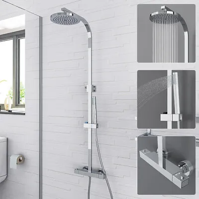 Bathroom Chrome Thermostatic Shower Mixer Kit Round Twin Head Exposed Bar Set • £79.97