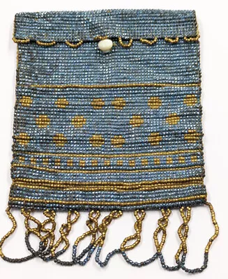 Antique Vintage French Beaded Purse Bag Deco French Steel Cut Blue & Brass Beads • $45