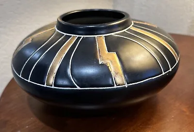 Vintage Harris Potteries Chicago Cairo Art Deco Vase MCM Large Black Gold Squat • $39.95