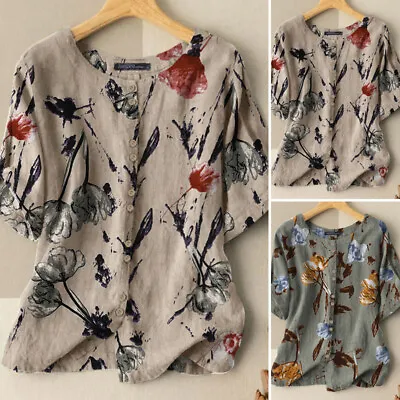 ZANZEA Women Button Up O-Neck Shirt Blouse Summer Casual Loose Floral Print Tops • $25.27