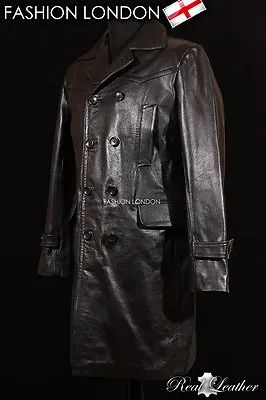 KRIEGSMARINE Men's German Pea Coat Submarine Cowhide Leather Jacket Coat Black • $170.04