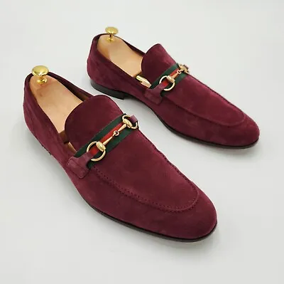 $599 • Buy Gucci Jordaan Men's Wine Red Suede W/ Horsebit Accent Loafers Shoes US Size 12