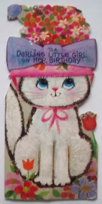 White Kitten Cat With Flower Hat Vintage Birthday Greeting Card *KK15 • $6.99