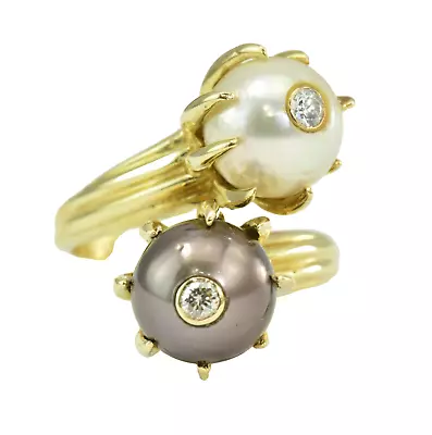 Vintage 1950s? 18k Gold Natural Diamond  Cultured Pearl Bypass  Ring • $990