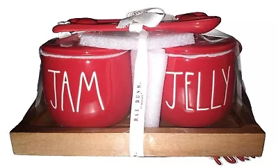 RAE DUNN Red Jam & Jelly Set With Lids & Spoons On Wood Tray NEW.      (G2) • $25.50