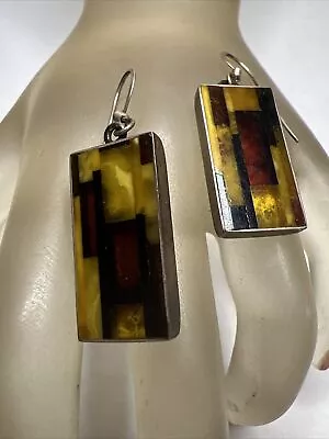 Great Vintage STERLING SILVER Baltic Amber  DROP Dangle EARRINGS • $39