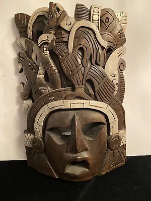 Mexican Aztec Mayan Wooden Mask Hand Carved Wall Decor • $37