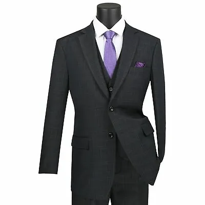 VINCI Men's Black Windowpane Plaid 3 Piece 2 Button Classic Fit Suit NEW • $130