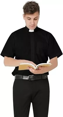 IvyRobes Men's Short Sleeves Tab Collar Clergy Shirt- Black Size 18.5 (~XXL) • $29.99