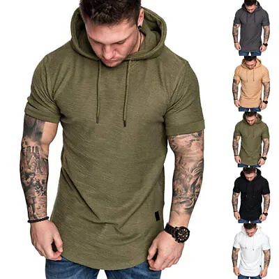 Mens Gym Workout Hoodie Short Sleeve Hooded T-Shirt Sport Casual Muscle Tee Tops • £8.15