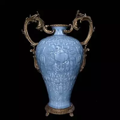 Old Chinese Blue Glaze Vase Pot Zun W/ Flower With Qianlong MK 43CM • $415