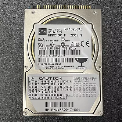 Toshiba 40GB MK4025GAS HDD2190 F ZK01 S Laptop HardDrive Used • $36.79