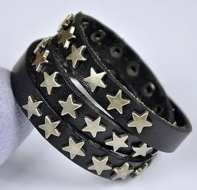 Cool Stars Studded Multi-wrap Vintage Leather Bracelet Wristband Cuff Mens Black • $10.11