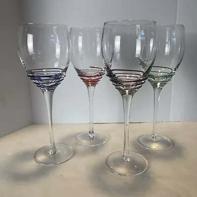 Set Of 4 Pier One Wine Glasses Threaded Swirl Overlay Multi Color Mouth Blown • $32