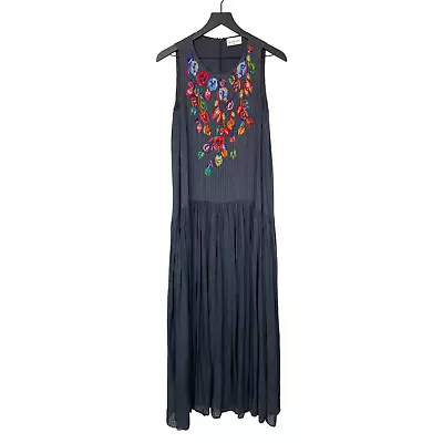 Megan Park Embroidered Beaded Designer Maxi Dress Gray Pleated Womens Size 0 • $109.99
