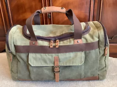 Vtg Olive Green Canvas And Leather Duffle Bag Weekend Overnight Travel Gym Large • $34.95