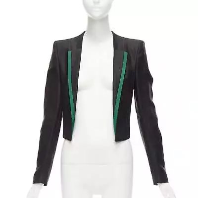 HAIDER ACKERMANN Black Ramie Silk Green Trim Cropped Blazer Jacket FR36 S • $328
