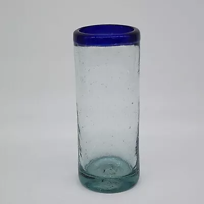 Mexican Blue Rim Glass Tumbler Bubbles Hand Blown 7  Tall VTG • $5.99