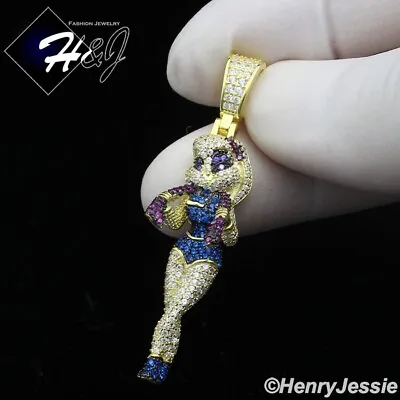 925 Sterling Silver Icy Bling Cz Gold Plated 3d Blue/purple Cartoon Pendant*g417 • $39.99