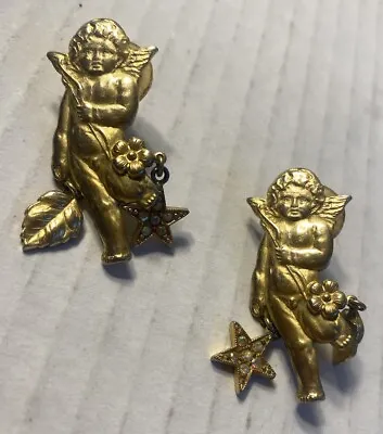 Vintage Kirks Folly Cherub Angel Post Earrings Or Pins Gold Tone Preowned • $40