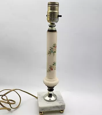 Vintage Boudoir Table Lamp 14  White Pink Blue Flowers Marble Base Brass Feet • $33