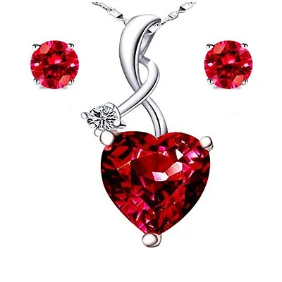 925 Sterling Silver Women 4.03Ct Red Ruby Pendant Heart Cut Necklace Earring Set • $54.15