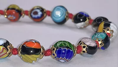 Vtg Venetian Italian Murano Multi-Color MILLEFIORI ART GLASS Bead 7.25” Bracelet • $44.95